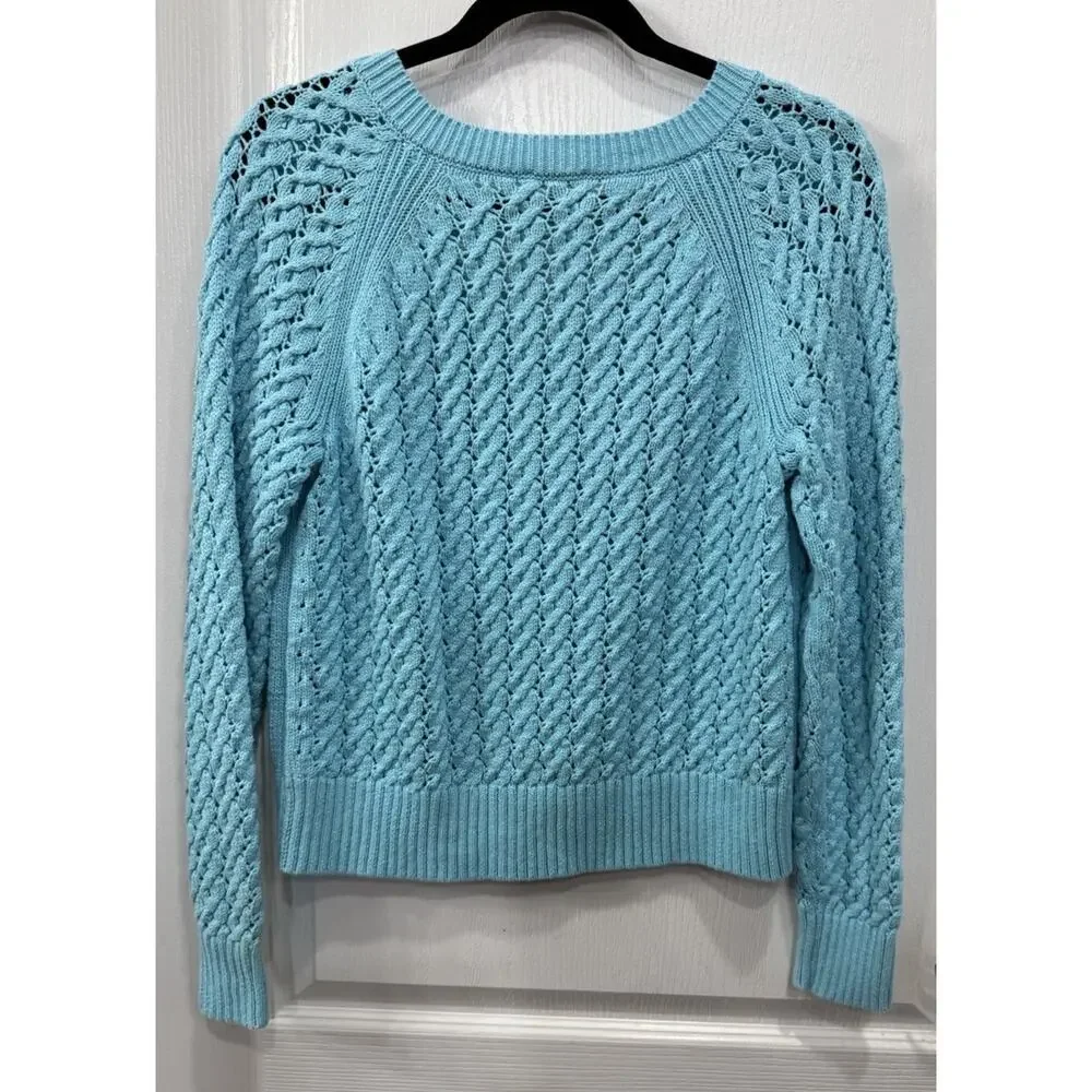 Talbots Women’s Medium Blue 100% Cotton Cable Knit V-Neck Sweater Thick EUC - Picture 2 of 7